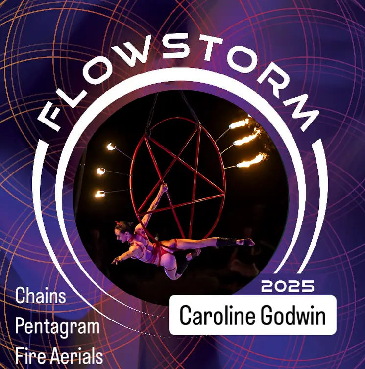 Flowstorm 2025 festival artwork featuring Caroline Godwin