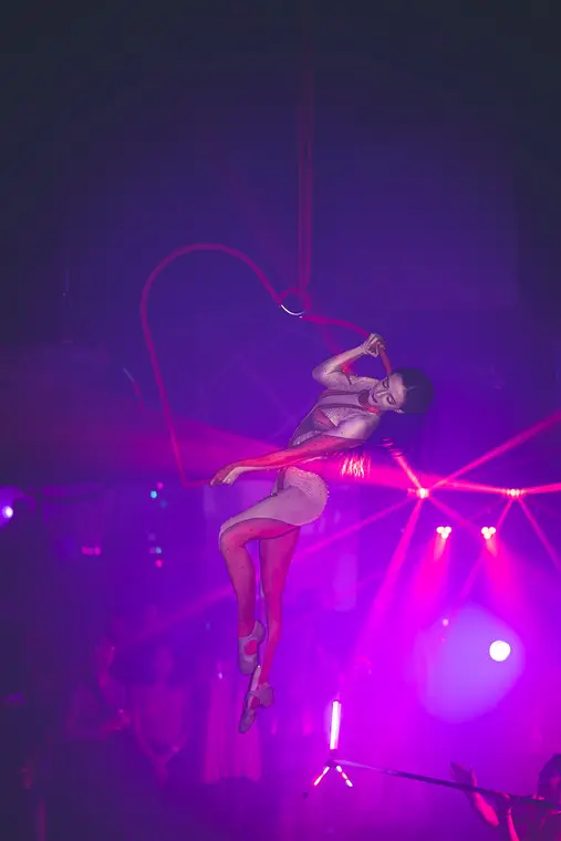 Caroline posed inside the heart shaped aerial apparatus at Art Explosion