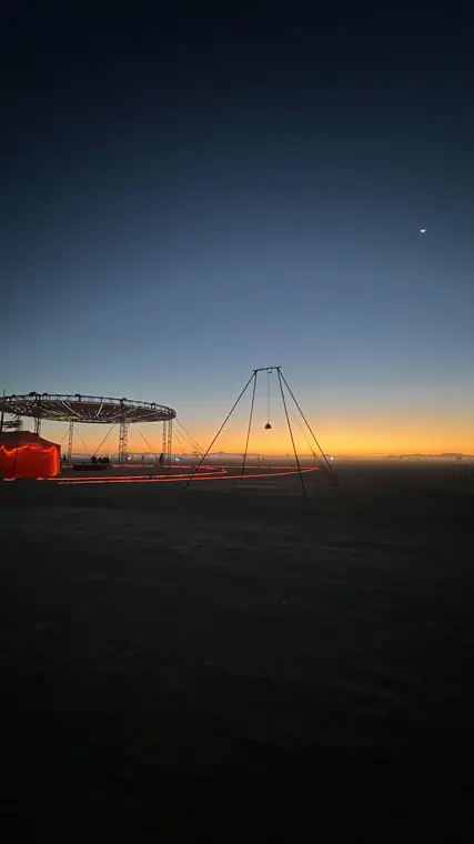 Caroline's self standing aerial rig set up on the Esplanade at Burning Man
