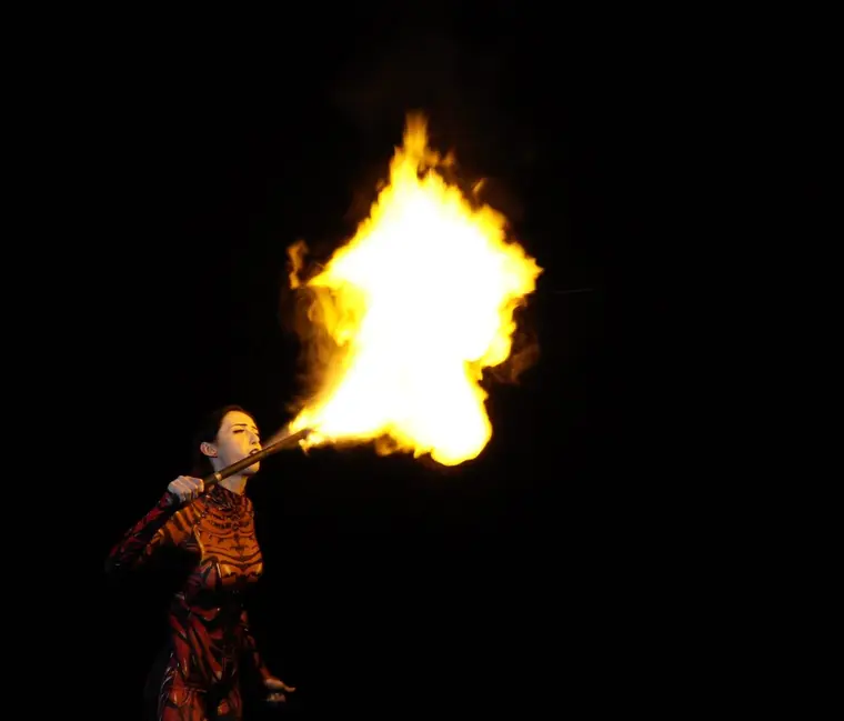 Large fireball from a cornstarch fire breathing pass