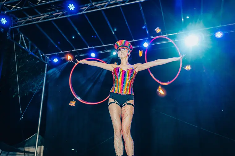 Two fire hula hoops at Las Vegas PRIDE