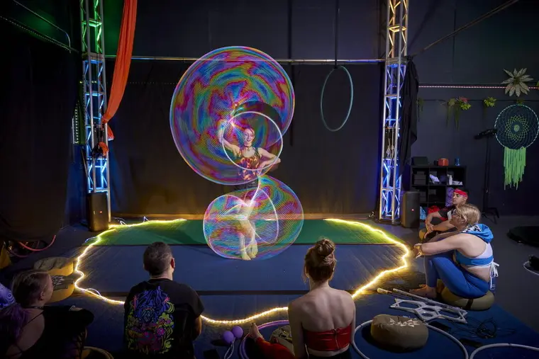 LED hoops captured in long exposure