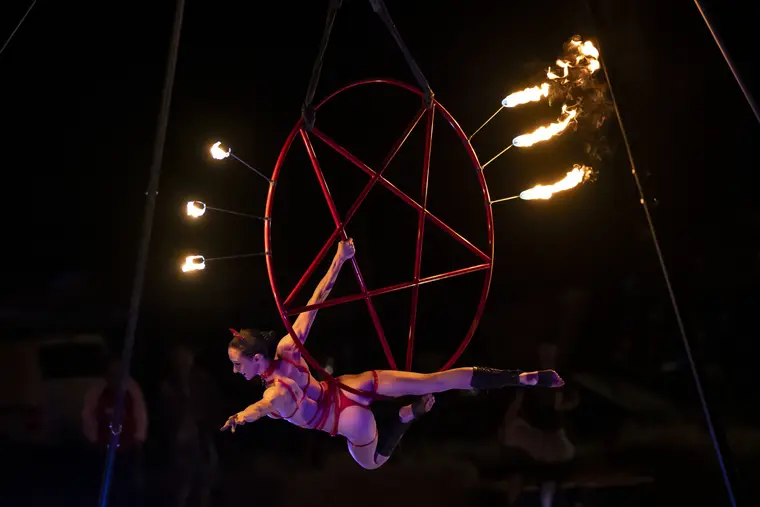 Burning aerial pentagram at Southwest Flow Festival